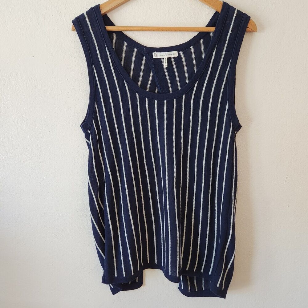 House of Harlow 1960 Blue Striped Knit Sleveless Tank Open Back Top Linen Blend